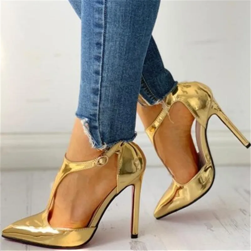 

Fashion Golden T Strap High Heels Wedding Shoes Woman Pointed Toe T bar Dress Pumps Lady Summer Pointed Toe Heels Women's Shoes