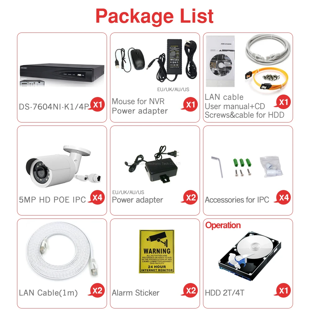 

4CH CCTV System 4PCS Ultra 5MP Outdoor Security POE Camera with Hikvision 4 POE NVR DS-7604NI-K1/4P DIY Video Surveillance Kits