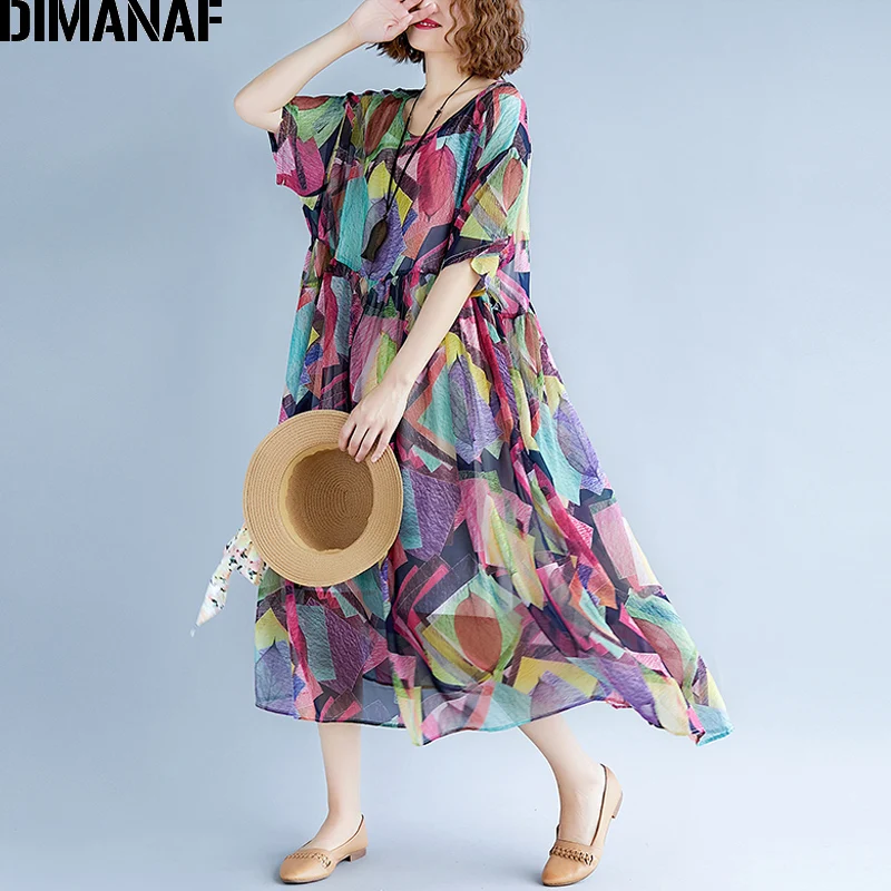 DIMANAF женское платье, летнее, размера плюс, шифон, Пляжное, праздничное, Vestidos Femme, элегантное, женское, сарафан, Большая одежда,, с подкладкой