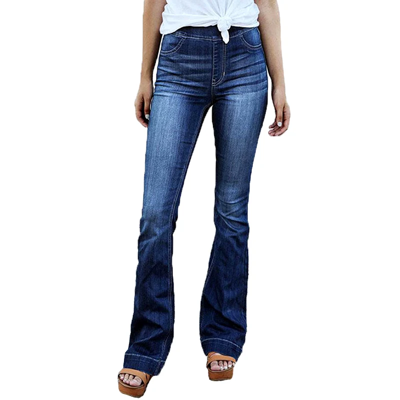 MIND FEET Women Flare Jeans Elastic Waist Blue Wide Leg Denim Pants Plus Size Female Fashion Trend Casual Loose Trousers Spring