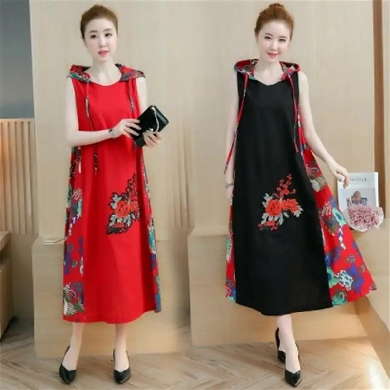 Женское хлопковое платье без рукавов свободное летнее с вышивкой в стиле