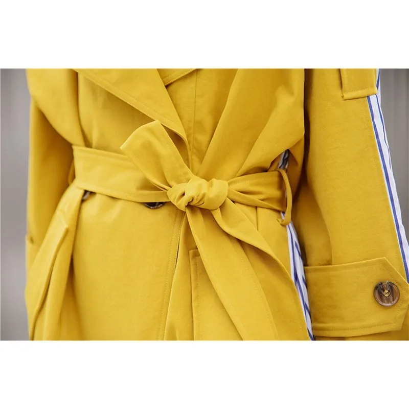 2020 New fashion Spring Autumn Streetwear Windbreaker Female Long Coat Striped Stitching Yellow Casual Trench Mujer FY23 | Женская