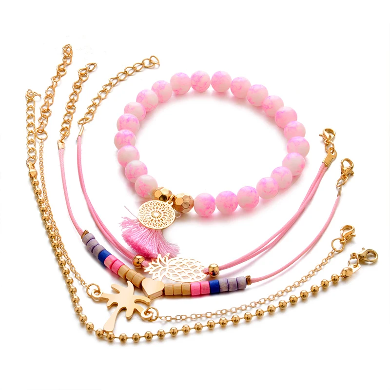 5 Pcs/Set Vintage Women Bracelets Coconut Pineapple Heart Pink Beads Tassel Pendant Leather Rope Gold Bracelet Set Party Jewelry | Украшения
