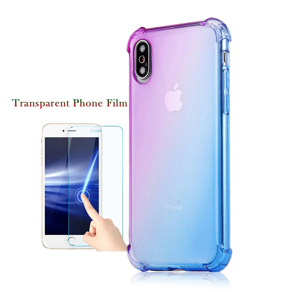 Shockproof Soft TPU Phone Case Transparent Gradient Cute Mobile Cover for iPhone 7 6 S 8 Plus XS Max with Film |