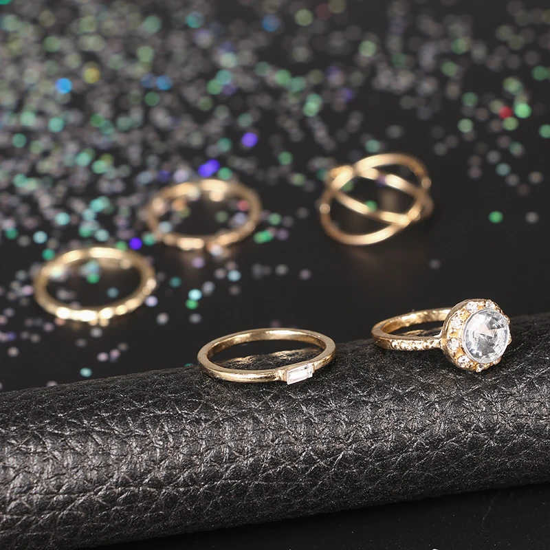 Docona 5pcs/sets Elegant Luxurious Super Shinning Crystal Stone Gold Color Finger Rings For Women Ladies Jewelry Gift 3661 | Украшения и