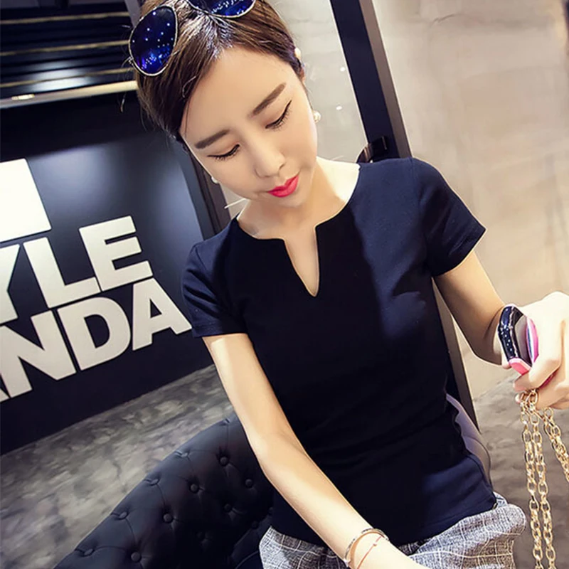 T-shirt Women 2018 Autumn Cotton Female T Shirts V-Neck Solid Tops Casual Basic Lady Tees Plus Size 2XL | Женская одежда