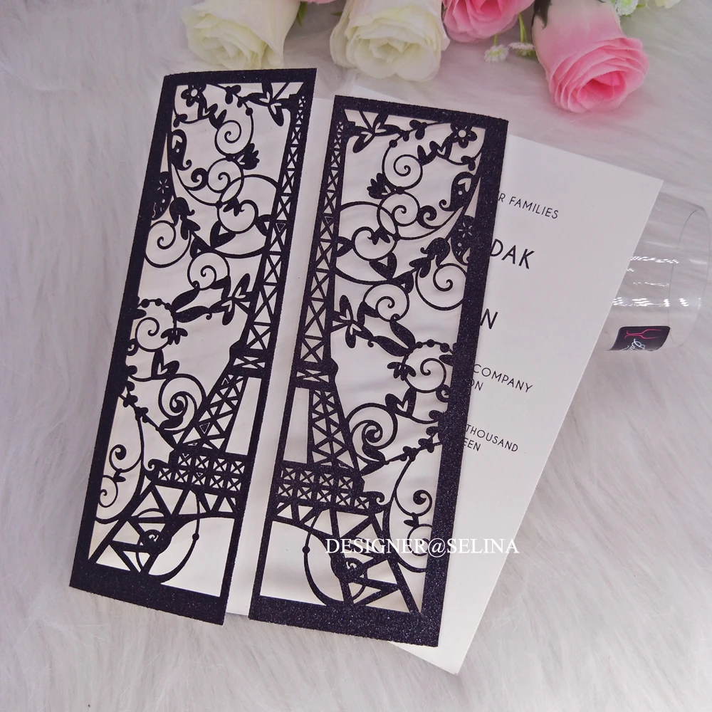 Black Glitter Tower Paris Laser Cut Invitations for QuinceaneraSweet Sixteen Birthday Party Invite 50pcs/lot | Дом и сад