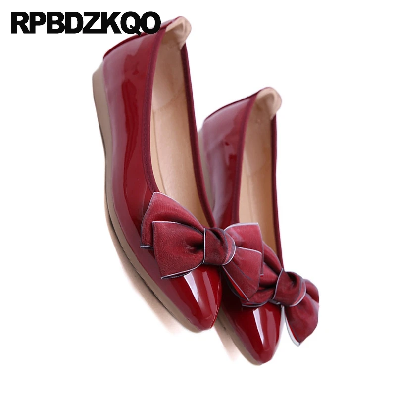 Cheap Pointed Toe Large Size Chinese Patent Leather 2021 Shallow Shoes Ladies Soft Ballet Flats Women Slip On Red Wine Gray Bow | Обувь