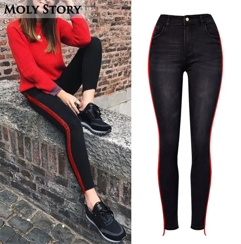 

Red Stripe Black Jeans Women High Stretch High Waist Ladies Jeans Skinny Plus Size Slim Femme Denim Pencil Pant