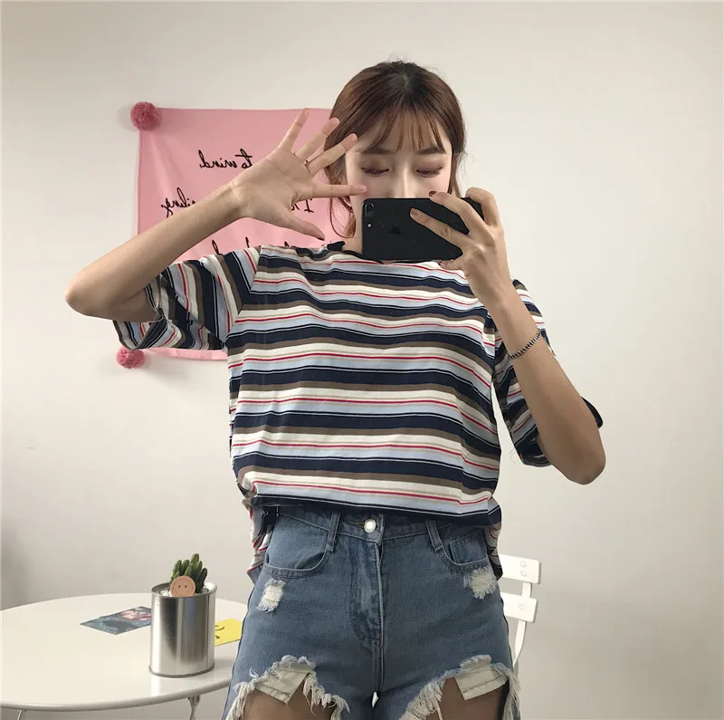 Футболка Femme 2019 Летняя женская одежда корейский стиль Ulzzang Harajuku полосатая