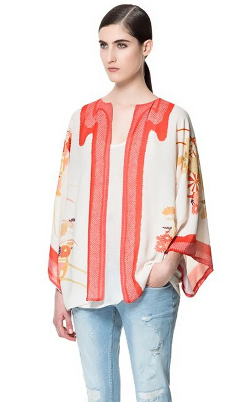 Старинные шифона с цветочным принтом повседневные свободные кимоно рубашки