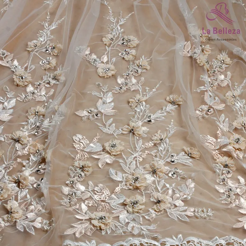 beige 1 ярд модный стиль желтый/бежевый/серый розовый тяжелые бусины 3d цветы на сетке вышивка свадебное платье кружевная ткань - Цвет: beige