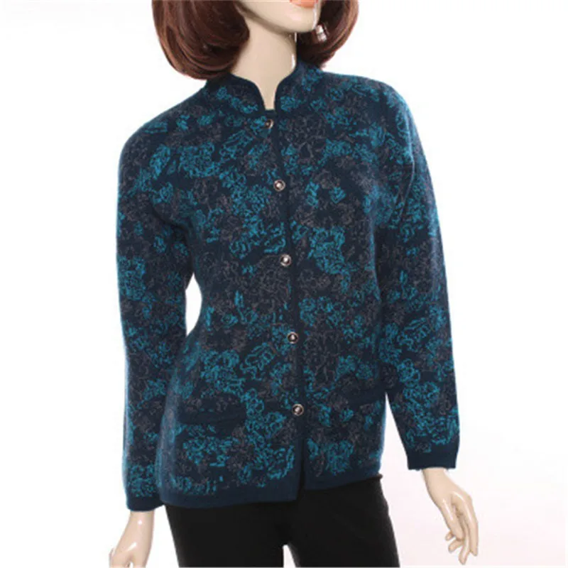 

100%goat cashmere knit women exquisite printed cardigan sweater coat single breasted add thick stand collar red 2color M-3XL