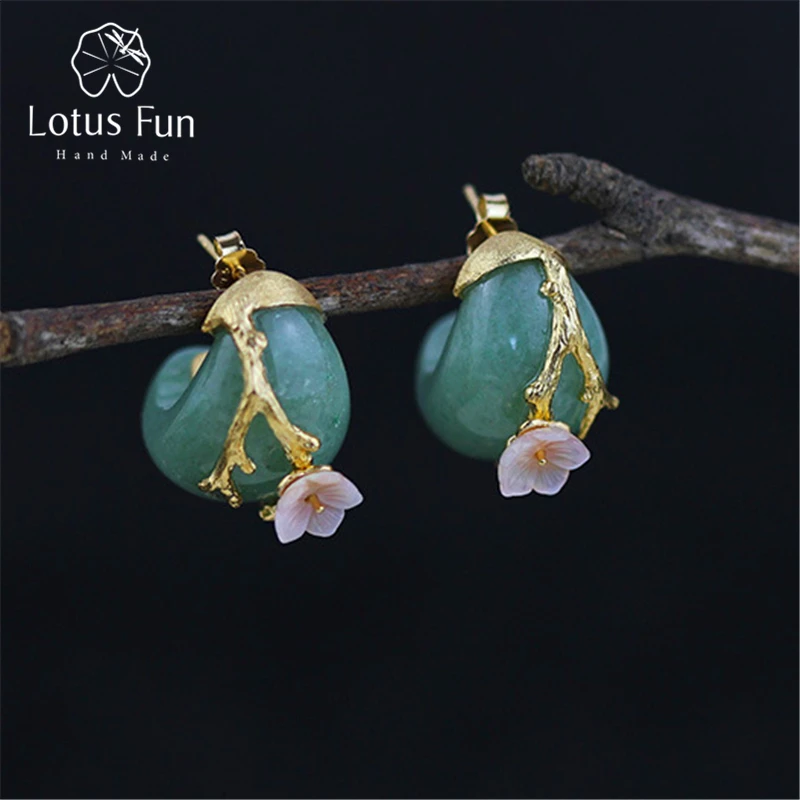 Lotus Fun реальные стерлингового серебра 925 натуральный розовый кристалл ручной работы Fine Jewelry цветка сливы серьги для женщин