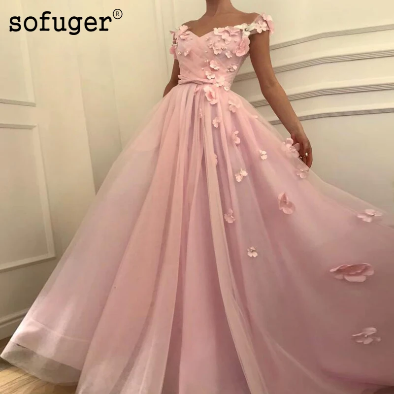 Розовый Жемчуг Тюль с плеча вечернее платье Выпускной Vestidos De Fiesta Формальное вечернее платье Арабский мусульманский особых случаев