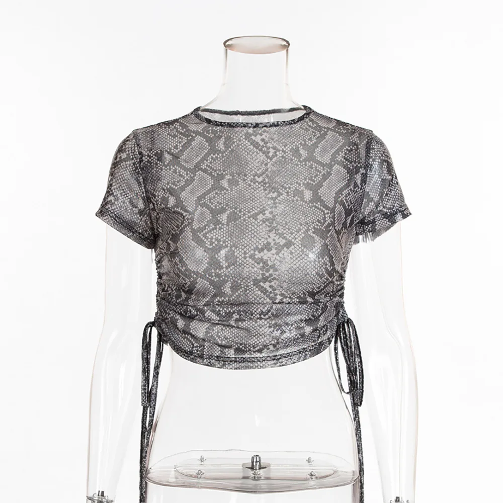 Для женщин Винтаж змея печати Тонкий Повседневное Crop Top Sexy Узелок Ruched Стретч