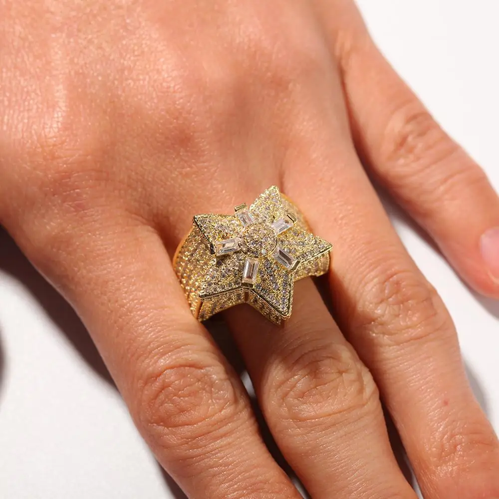 В стиле хип хоп с креплением микро паве ААА кубического циркония Bling Star кольцо в