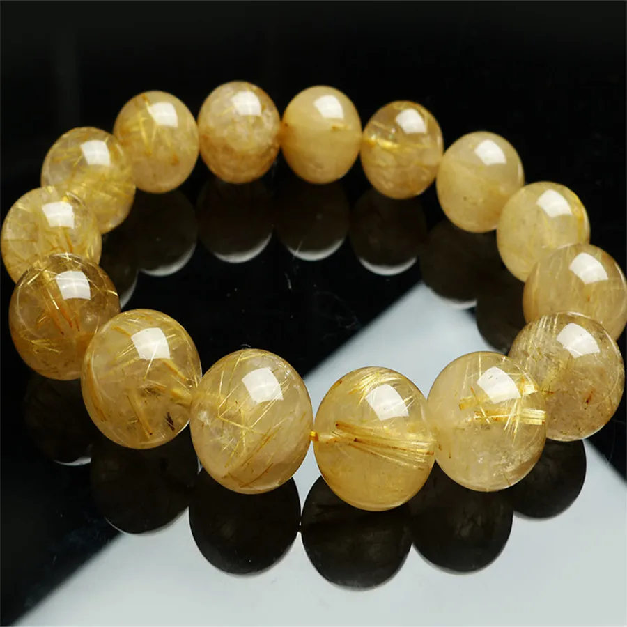 

15mm Genuine Natural Yellow Hair Titanium Rutilated Quartz Crystal Round Bea Fashion Jewelry Charm Stretch Bracelet Women