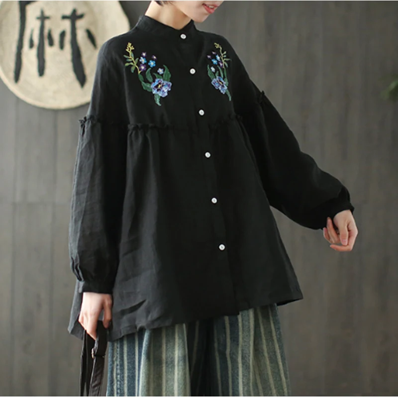 2018 Spring New Embroidery Long Sleeve Women's Shirt Loose Big Size Cardigan For Women Top Female Cotton Linen Blusa Feminina |