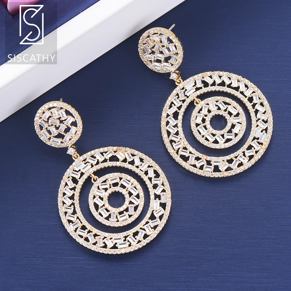 SisCathy 39*58 mm Fashion Big Circle Hollow Statement Earrings New Cubic Zirconisa Dangle Drop For Wedding Engagement | Украшения и