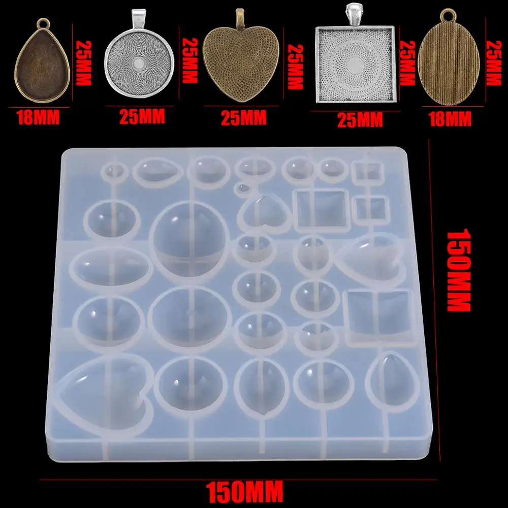 31 Piece Silicone Resin Molds Crystal Pendant Tray DIY Jewelry Kit Square/Round/Oval /Heart/Teardrop Cameo Base | Украшения и