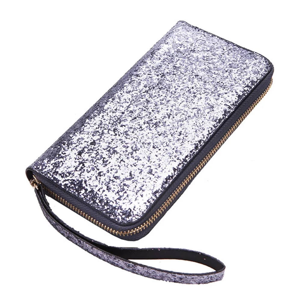 Hot Selling Women Long Wallet Sparkly Sequins PU Leather Bag Hand-held Phone Card Holder-B5 - Color: Silver