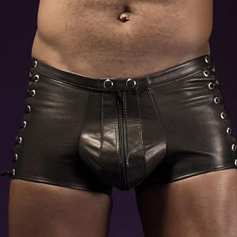 Боксеры мужские из искусственной кожи на шнуровке с заклепками молнии для