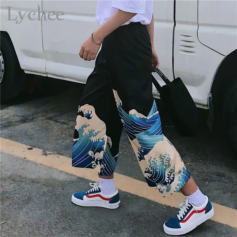 Lychee японский стиль Ukiyo-e Волна печати женские широкие брюки высокая эластичная талия свободные летние женские брюки