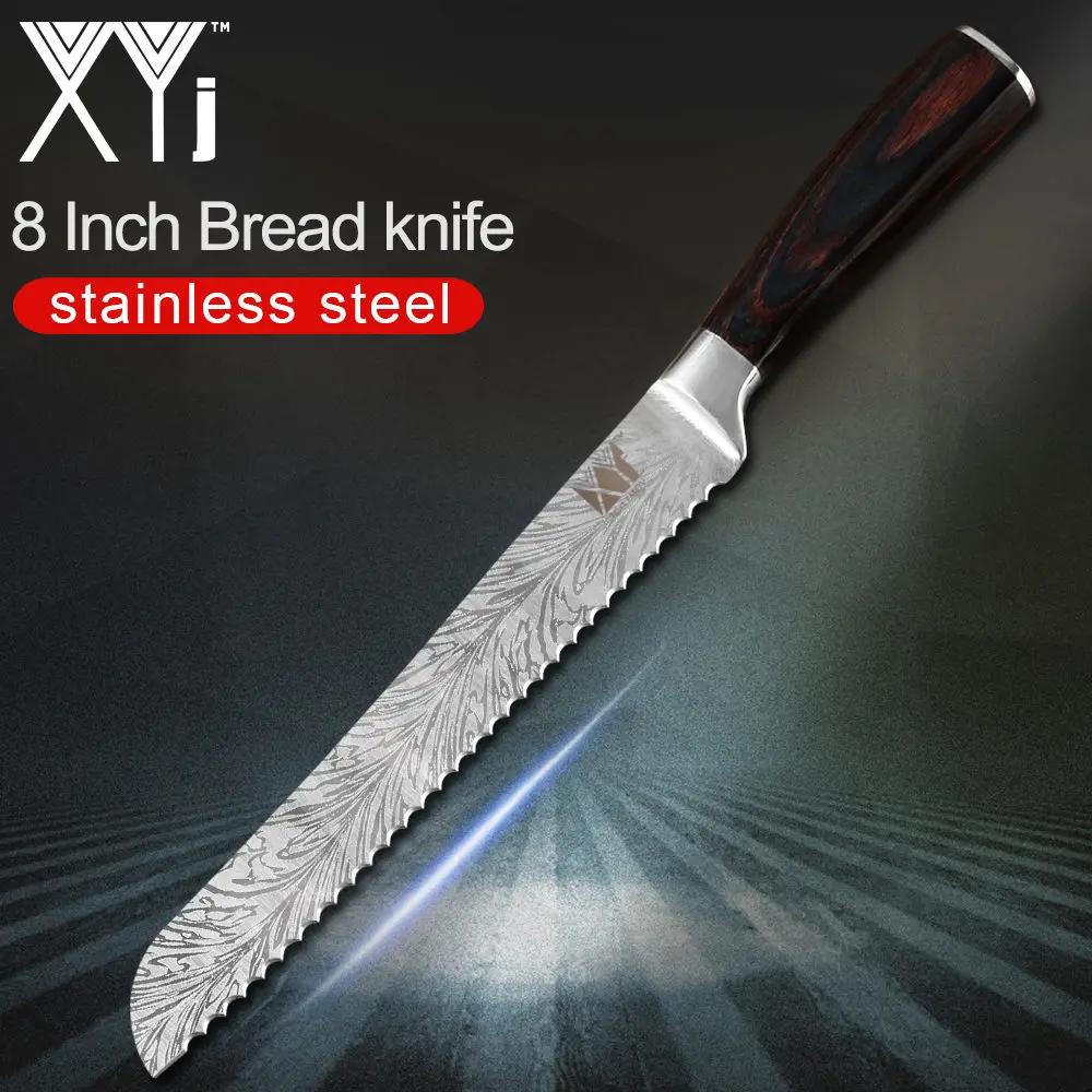 8 inch Bread Knife XYj нож из нержавеющей стали с красивым узором 7cr17, лезвие из нержавеющей стали, цветные кухонные ножи с деревянной ручкой, набор ножей из 8 предметов - Цвет: 8 inch Bread Knife