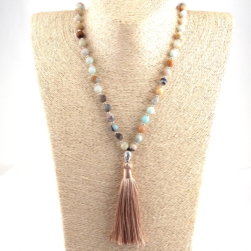 Fashion Bohemian Tribal Beige Tassel Yoga Jewelry Amazonite Stone Buddha Necklace For Women Lariat Necklaces | Украшения и
