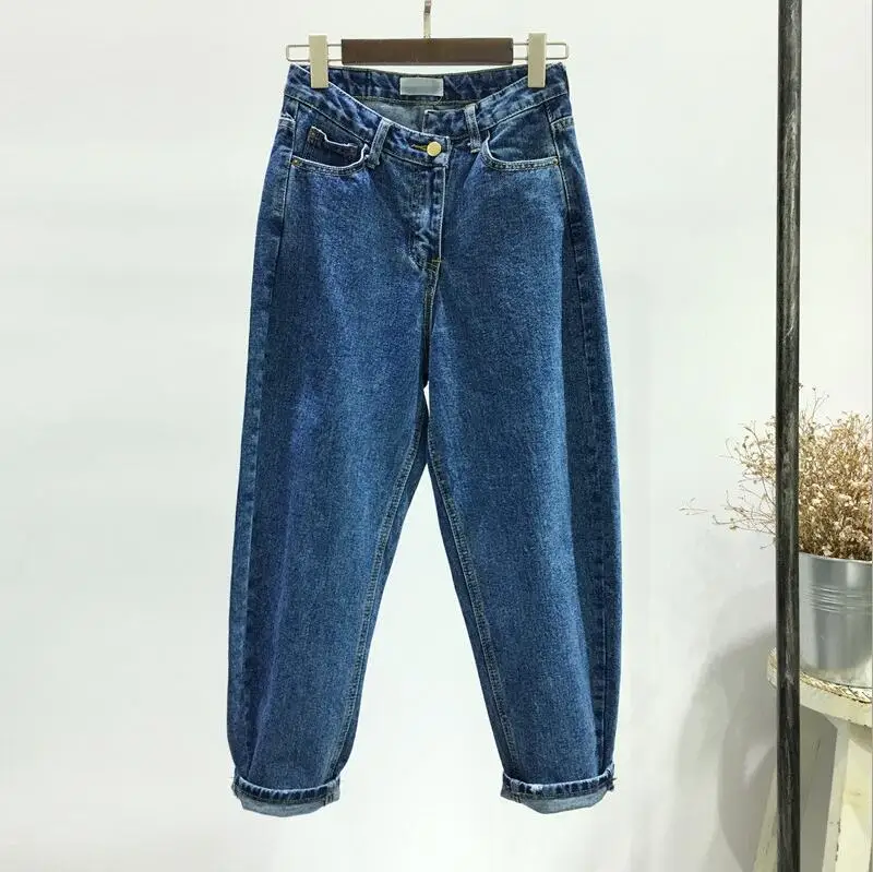 dark blue NEW Women's Jeans Wide Leg High Waist Jeans BF Pants Loose Casual Trousers Irregular Denim Pants Plus Size Jeans For Women - Цвет: dark blue