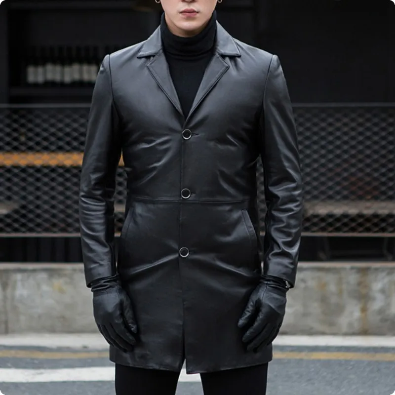 

Autumn New Arrival Mens Sheepskin Genium Leather Jackets Slim Fit Male Long Coat Jaqueta De Couro Masculino Genuino Solid