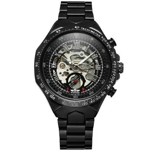 BLACK SILVER WINNER официальный повседневные мужские часы Лидирующий бренд Роскошные автоматические механические часы для мужчин Скелет циферблат стальной ремешок хип-хоп наручные часы - Цвет: BLACK SILVER