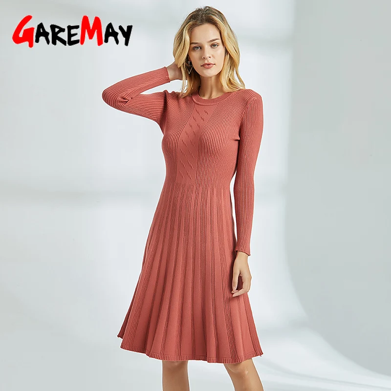 Autumn Winter Dress Casual Black Blue Female Knee Length Knitted Dresses Women Bodycon Long Sleeve Women's Sweater Dress