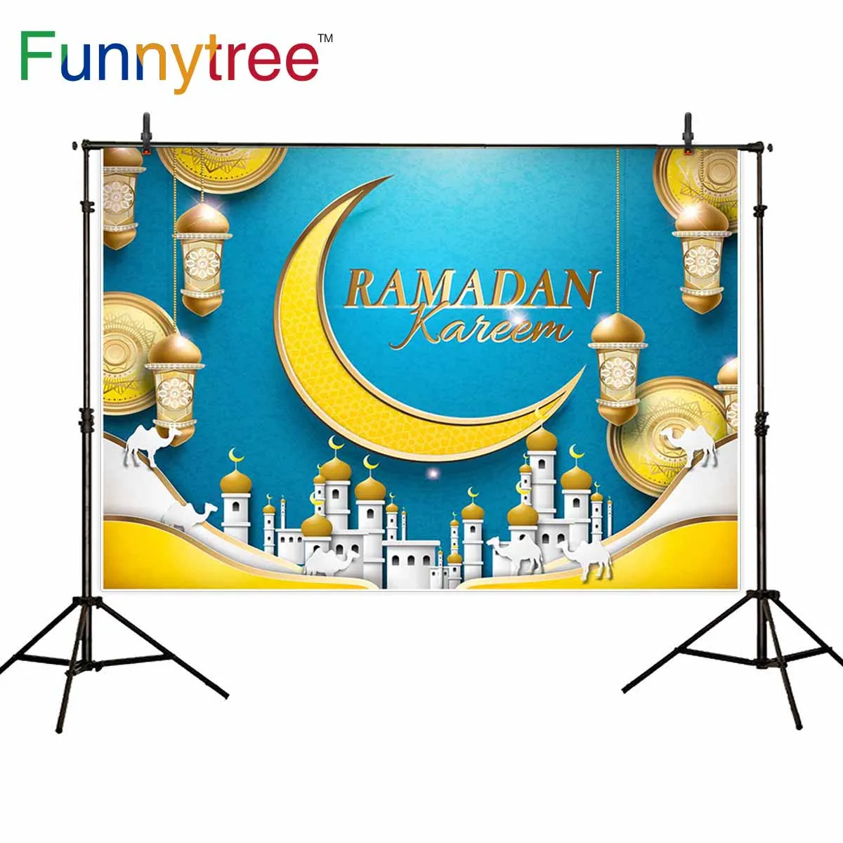 Фоны funnytree для фотостудии Рамадан ИД Мубарак золотой полый люстра Луна Арабская