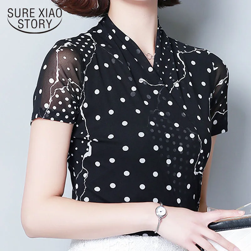 

Womens Tops And Blouses 2021 Ladies Tops Chiffon Blouse Dot Short Top For Women Ruffles V-Neck Black Shirt Plus Size 4338 50