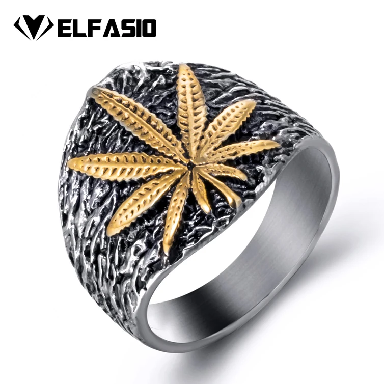 

Elfasio Mens Stainless Steel Ring Weed Marijuana Cannabis Leaf Symbol Silver Gold Fashion Jewelry Size 8-13