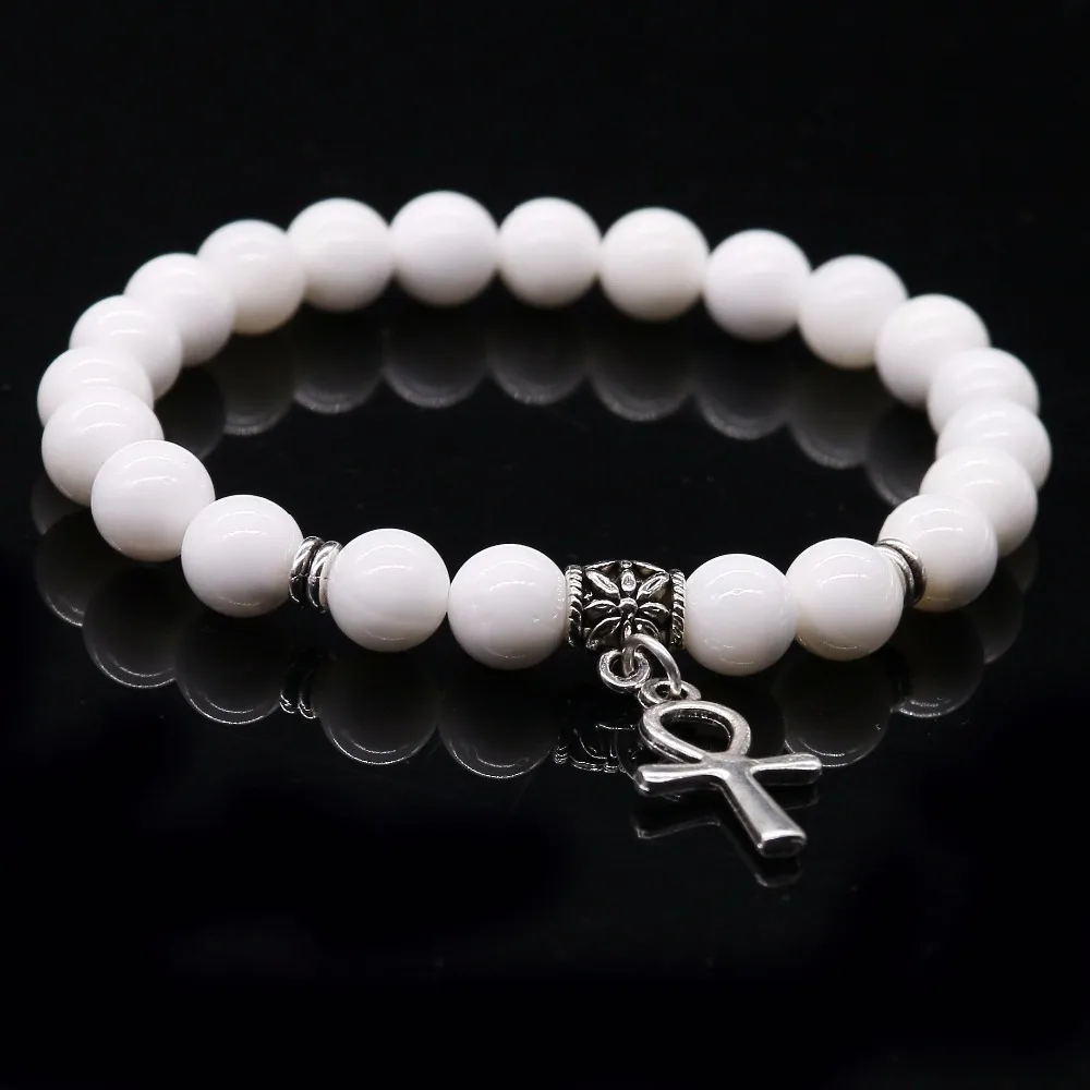 Красный cinnabar браслет натуральный белый камень Египетский Анкх крест кулон