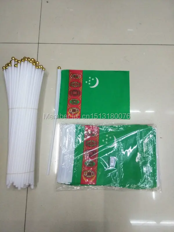 

100 PCS/ lot Promotion Wholesale Small Turkmenistan Hand Waving National Flag 14*21cm #8 Polyester Flag