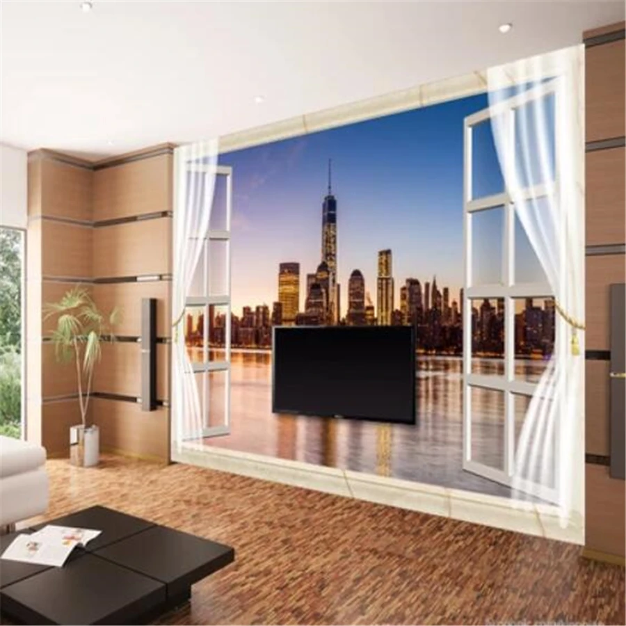 3D фотообои Beibehang на заказ фрески с окном ночным обзором Нью-Йорка гостиной