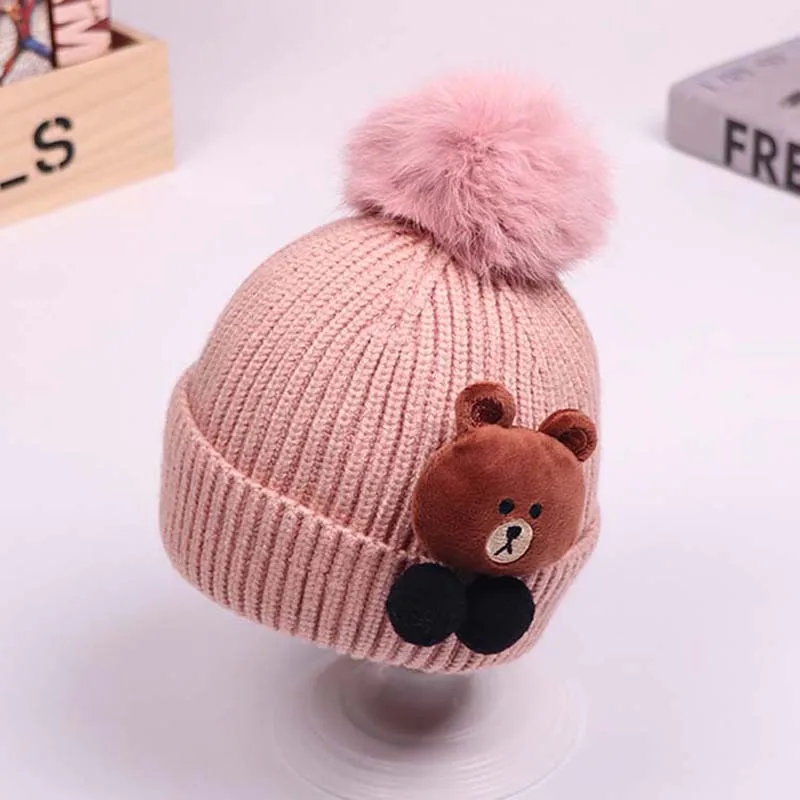 Pink Милая шапка с маленьким медвежонком для малышей, Мягкая вязаная шапка с помпоном для маленьких мальчиков и девочек, зимняя теплая детская повседневная шапочка, шапки - Цвет: Pink