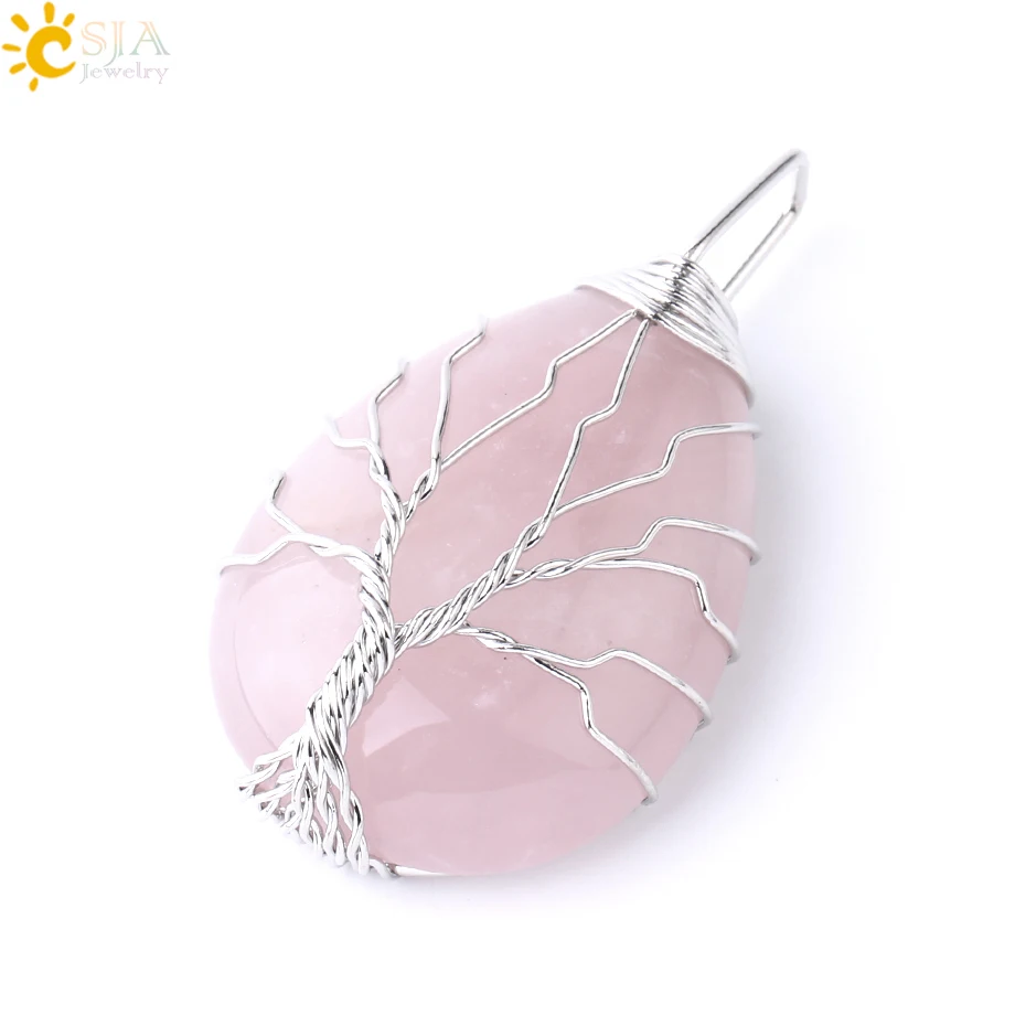 Rose Quartz B CSJA Дерево жизни ожерелье натуральный камень кулон золотой цвет проволока обертывание драгоценный камень розовый с кварцевым тигровым глазом зеленый авантюрин подвеска E585 - Окраска металла: Rose Quartz B