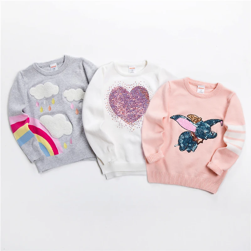 

New Kids Sweater Soft Cartoon Pullover Sweater For Girls Fashion Sequins Children Knitting Clothes Baby Girl Jumper 3-7 Y