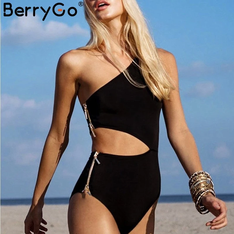 BerryGo сексуальный женский купальник с боковой шнуровкой, высокая талия, цельный черный женский купальник, летняя пляжная одежда, женские купальники