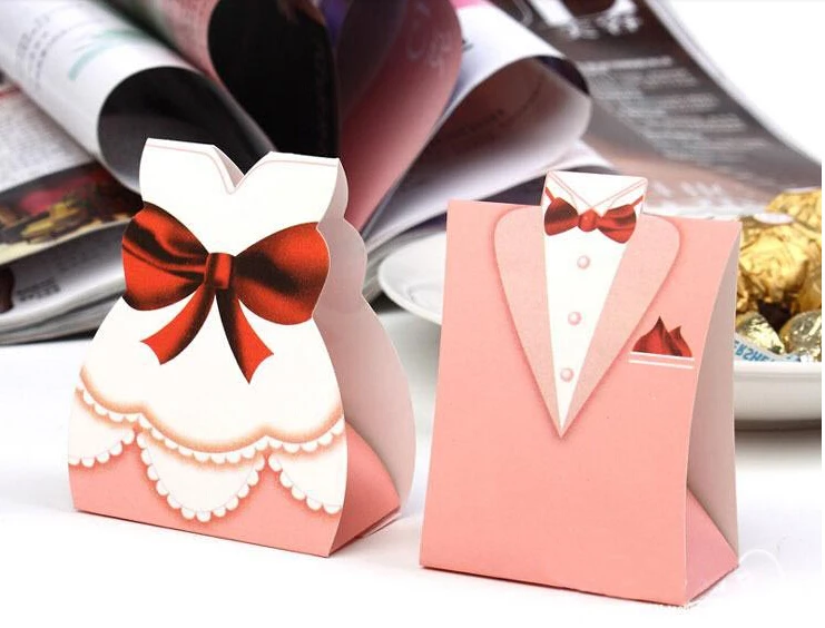 

10pcs Bridal Gift Cases pink Groom Tuxedo Dress Gown Wedding Favor Candy Box Creative Sweets Candy Packaging party gift hold bag