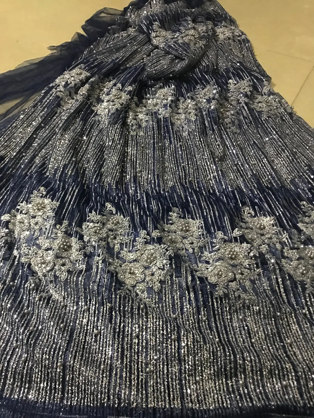 

Excellent silver French Net Lace fabric SYJ-3274 glued glitter French tulle Material Net Lace for party dress