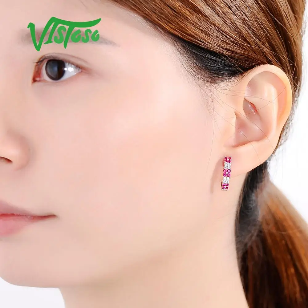 Серьги-гвоздики VISTOSO с розовым цветком рубин круглый белый кубический цирконий