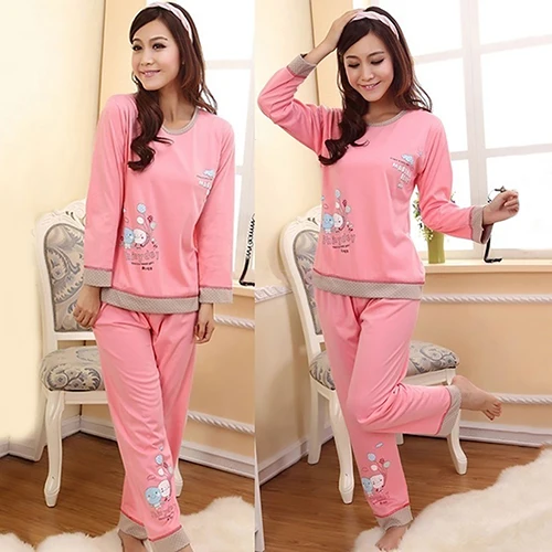 Женщины Милый Мультфильм Горошек Повседневная Хлопок Топ + Длинные Брюки Пижамы |