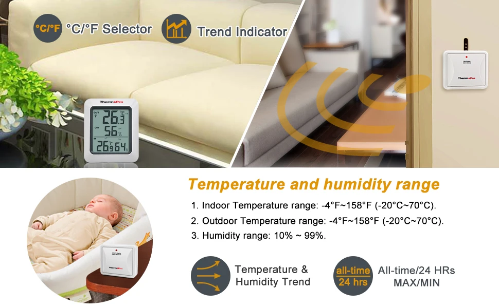 ThermoPro TP60S беспроводной гигрометр термометр Крытый/наружный монитор влажности с температурным манометром