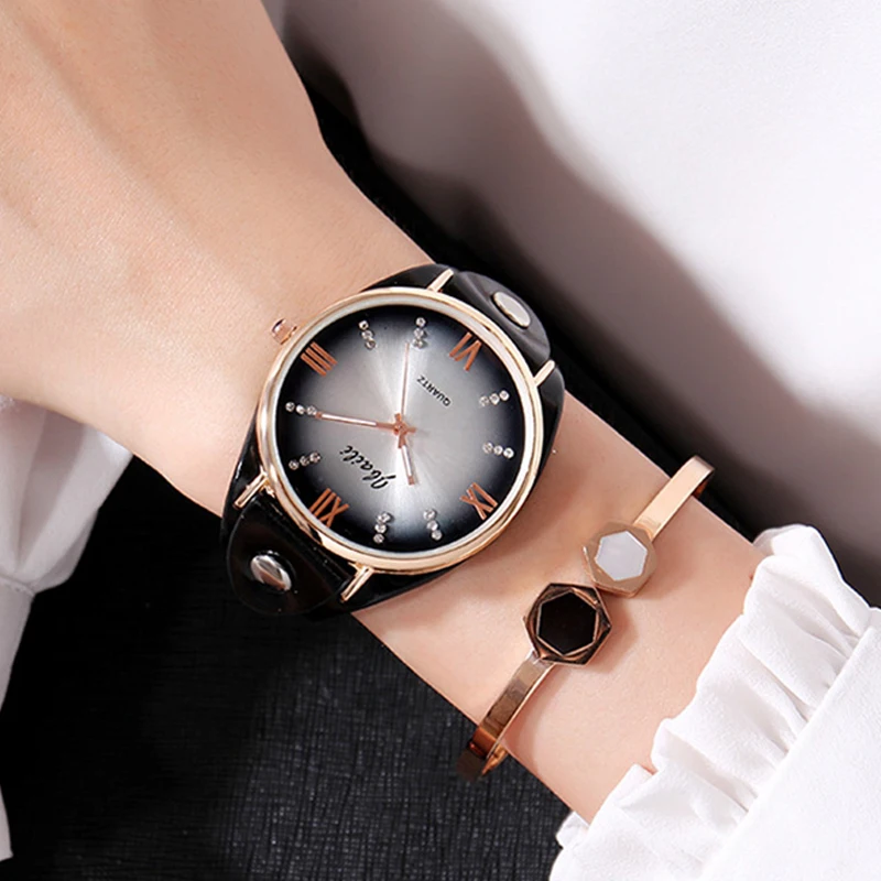 Женские кварцевые часы reloj mujer элегантные со стразами и кожаным ремешком